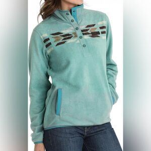 Cinch Fleece Turquoise Aztec Print Pullover 1/4 Snap Turquoise Buttons Southwest